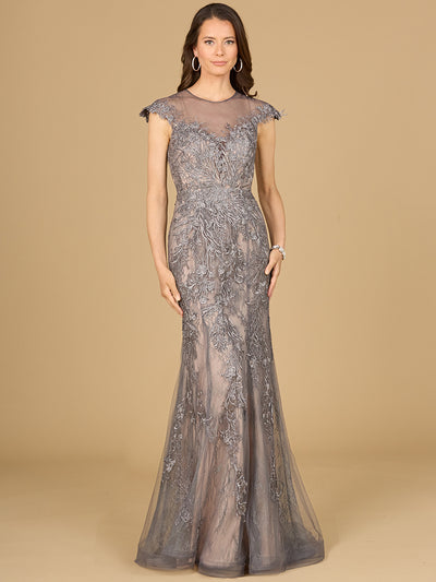 Lara 29134 - Sheath Lace Gown with Cap Sleeves