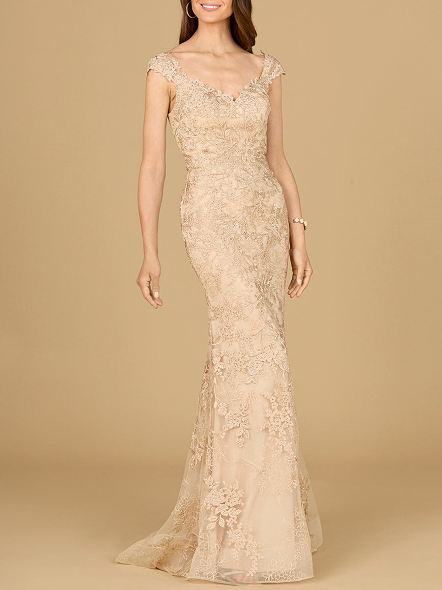 Lara 29137 - Mermaid Lace Gown with Cap Sleeves