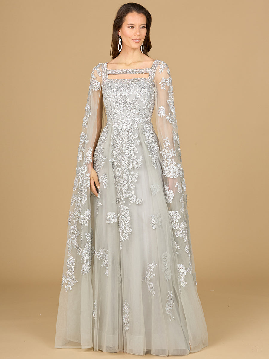 Lara 29138 - Lace Gown with Long Cape Sleeves – Lara New York