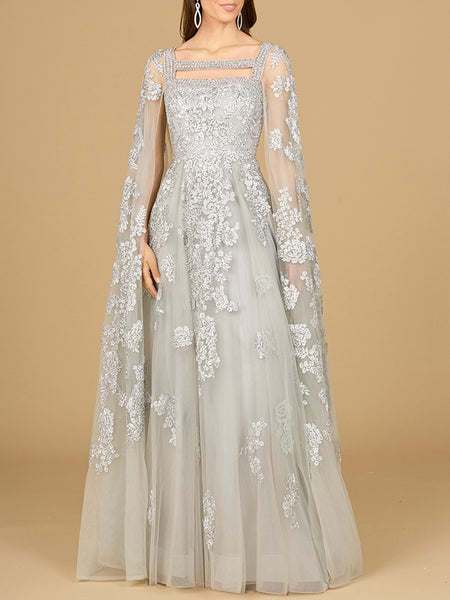 Lara Women's Lace Gown with Long Cape Sleeves