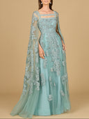 Lace Embroidered Gown with Long Cape Sleeves