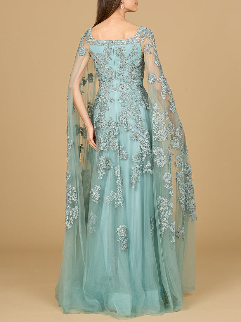 Lara Women's Lace Gown with Long Cape Sleeves - Dark Sage Lara Women's Lace Gown with Long Cape Sleeves - Dark Sage