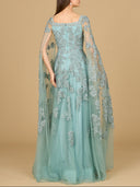 Lace Embroidered Gown with Long Cape Sleeves