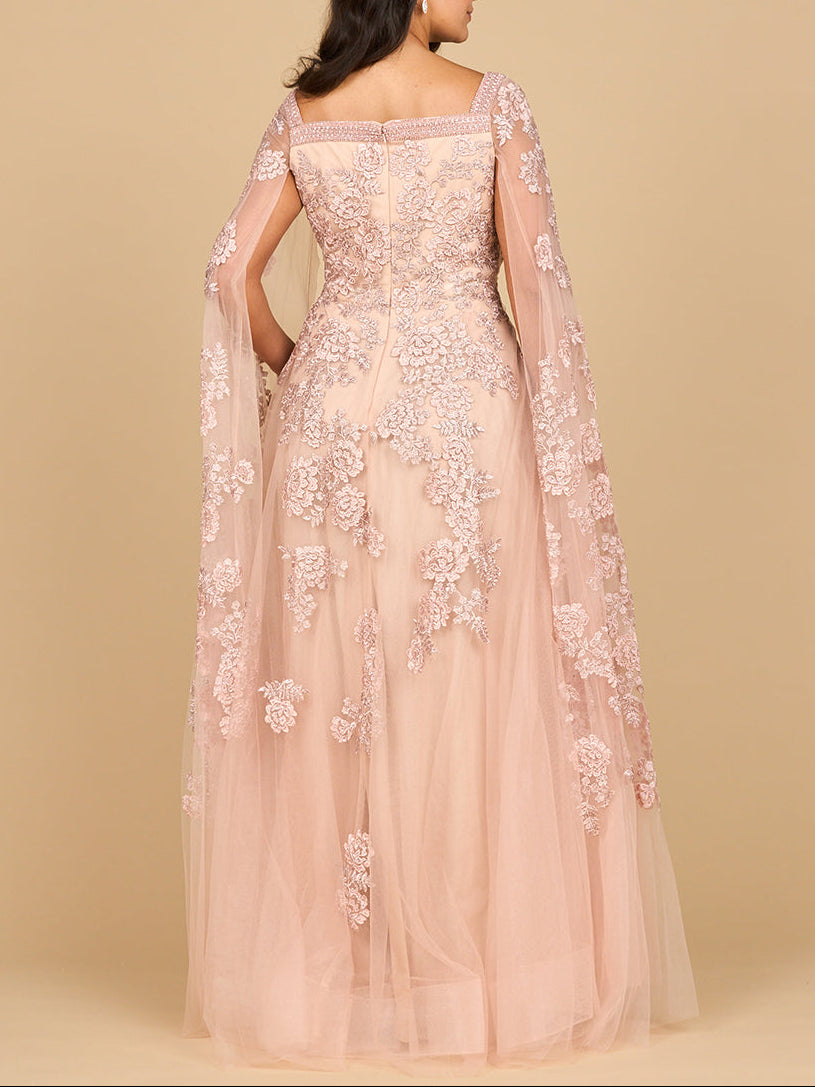 Lace Embroidered Gown with Long Cape Sleeves Lara New York Lace Embroidered Gown with Long Cape Sleeves Lara New York