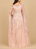 Lace Embroidered Gown with Long Cape Sleeves
