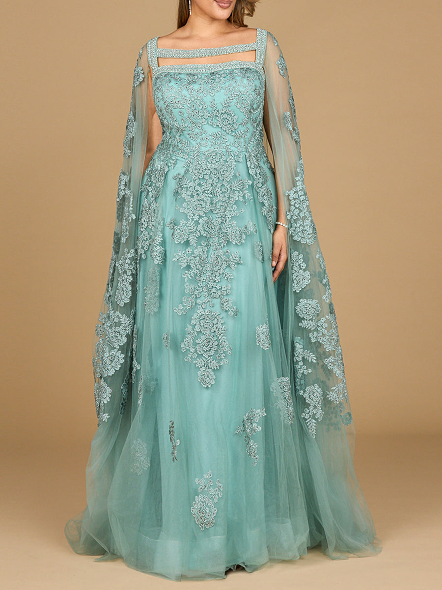 Lace Embroidered Gown with Long Cape Sleeves