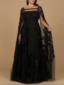 Lace Embroidered Gown with Long Cape Sleeves