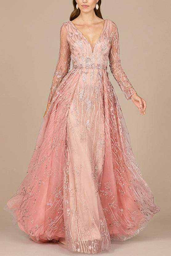 new york dresses long sleeve LARA Elegant Overskirt Dress with Long Sleeves, Blush / 16