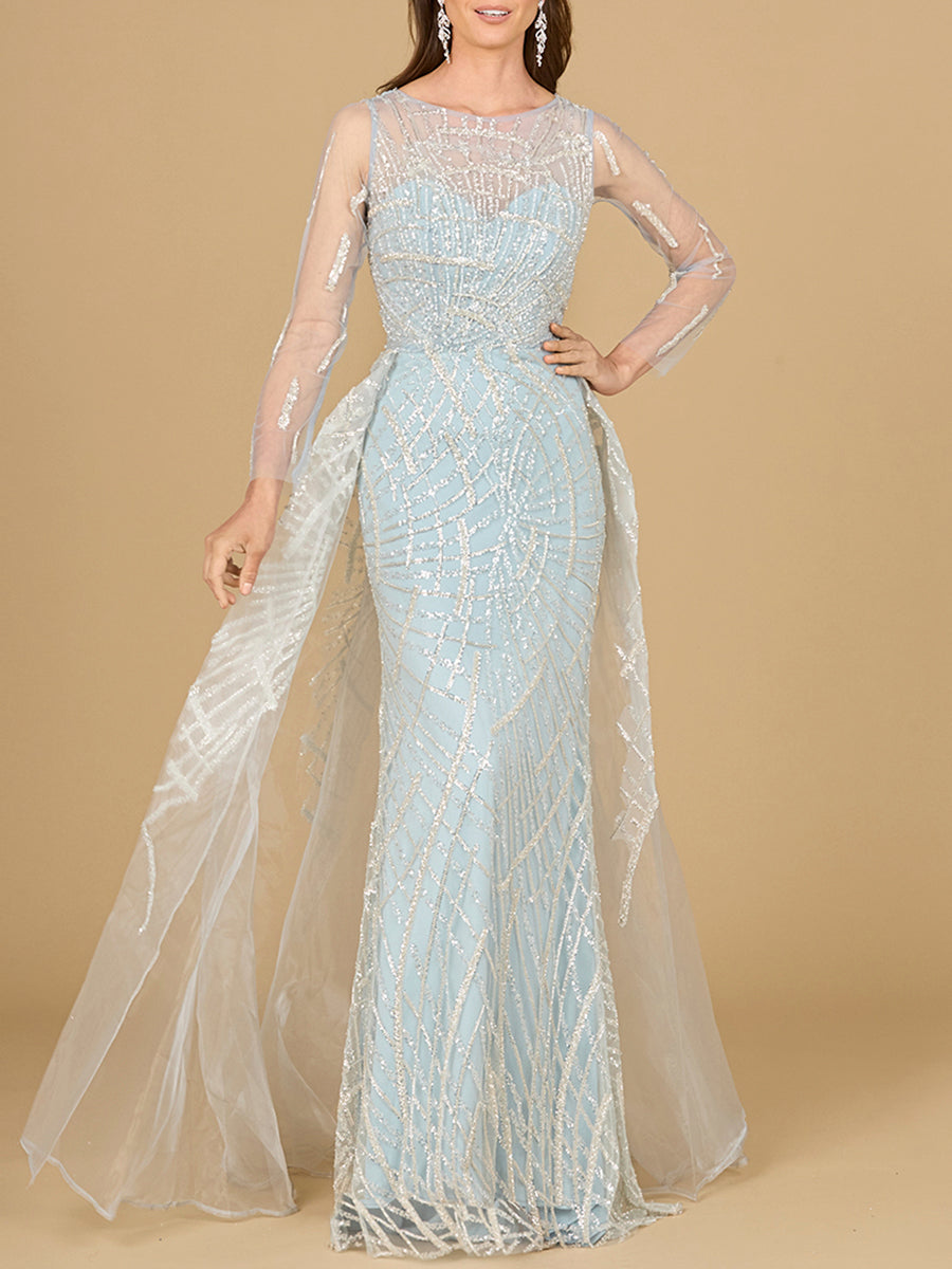 Lara 29146 - Long Sleeve Lace Gown with Tulle Overskirt