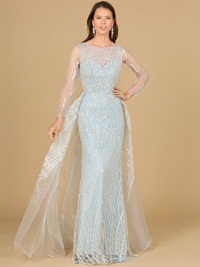 Lara 29146 - Long Sleeve Lace Gown with Tulle Overskirt
