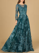 Lara 29148 - Long Sleeve, Illusion Neck Gown-Dress-Lara-Green-4-Lara