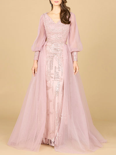 Lara 29158 - Long Sleeve Lace Gown with Removable Over Skirt