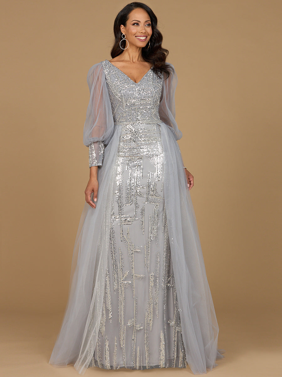 Lara 29158 - Long Sleeve Lace Gown with Removable Over Skirt