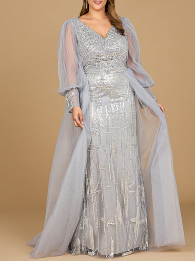 Long Sleeve Lace Gown with Removable Over Skirt