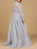 Long Sleeve Lace Gown with Removable Over Skirt