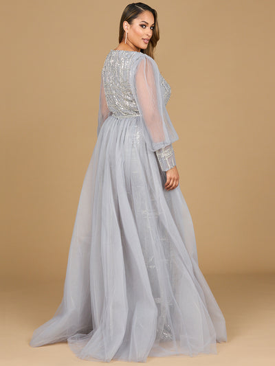 Long Sleeve Lace Gown with Removable Over Skirt