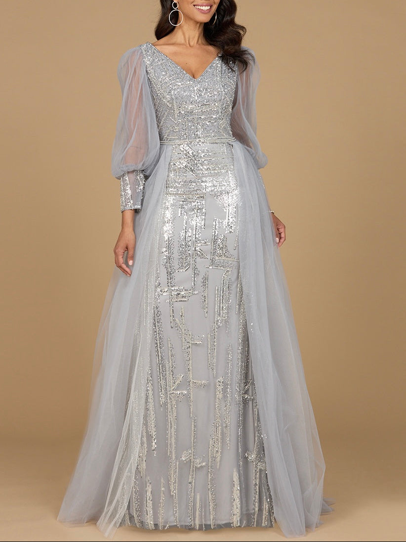 Lara Women's Long Sleeve Lace Gown with Removable Over Skirt - Silver