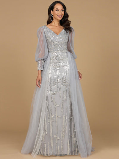 Lara 29158 - Long Sleeve Lace Gown with Removable Over Skirt