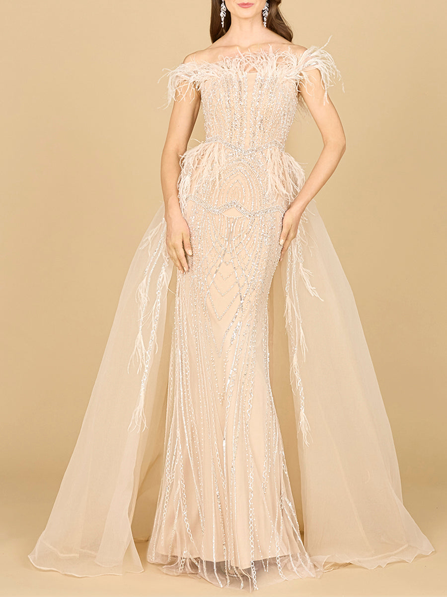 Lara 29161 -Off Shoulder Gown with Feathers