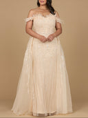 Champagne-colored plus size evening gown, highlighting a sophisticated style perfect for formal occasions.