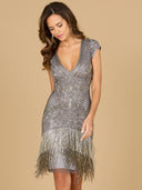 Lara 29171 - Beaded Fringe Short Cocktail Dress-Dress-Lara-Grey-0-Lara