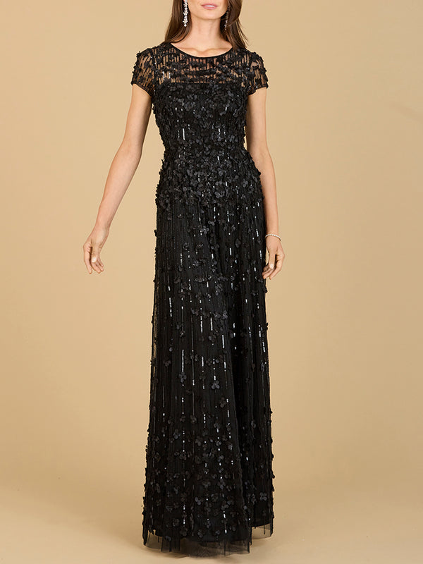 3D Floral Embellished Cap Sleeve Gown | 29181