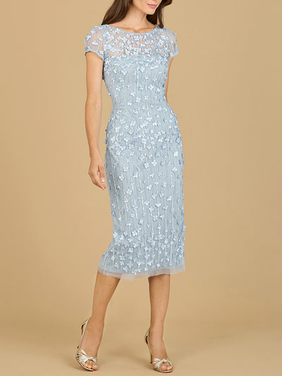 Lara 29186 - 3D Applique Midi Dress with Cap Sleeves