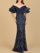 Elegant navy evening gown with off-shoulder sleeves and delicate lace accents, ideal for Mother of the Bride.