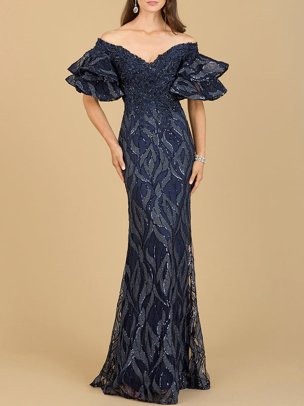 Elegant navy evening gown with off-shoulder sleeves and delicate lace accents, ideal for Mother of the Bride.