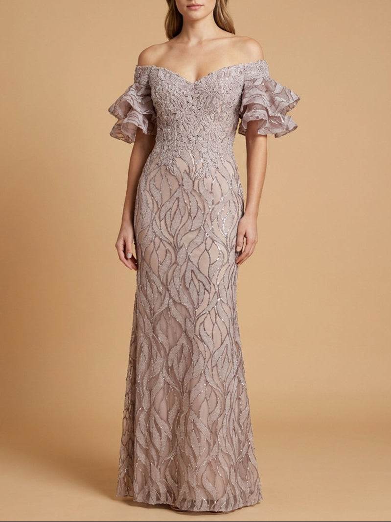 fay off the shoulder faux pearl mermaid dress Off Shoulder Mermaid Beaded Gown with Tiered Sleeves