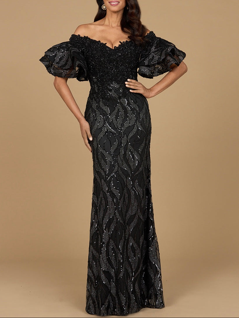 LARA Off Shoulder Mermaid Beaded Gown, Black / 6