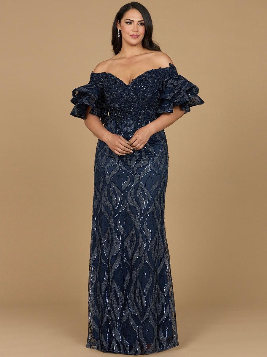 Lara 29190 - Off Shoulder Mermaid Beaded Gown with Tiered Sleeves