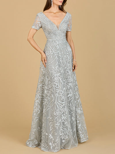 Lara 29193 - Short Sleeve Lace A-Line Dress with V-Neckline