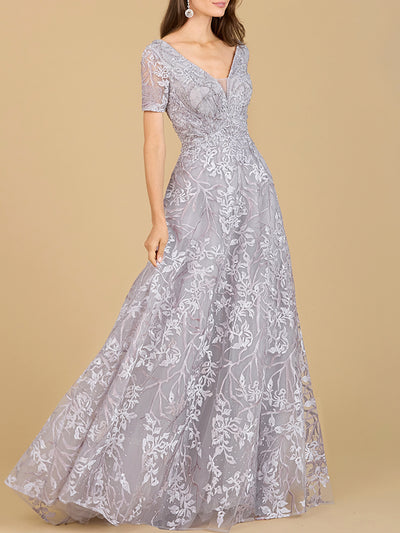 Lara 29193 - Short Sleeve Lace A-Line Dress with V-Neckline