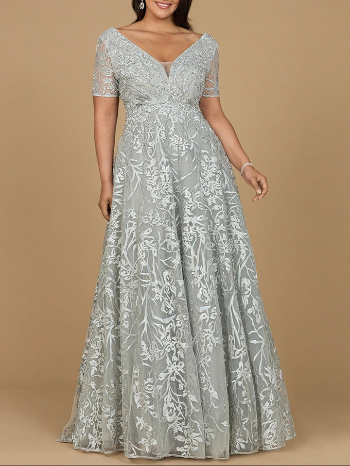 Lace Top V-neck A-line Dress with Jacket Clover