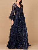 V Neckline Long Sleeve Gown