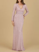 Long Sleeve V-Neck Beaded Gown | 29203  - OUTLET