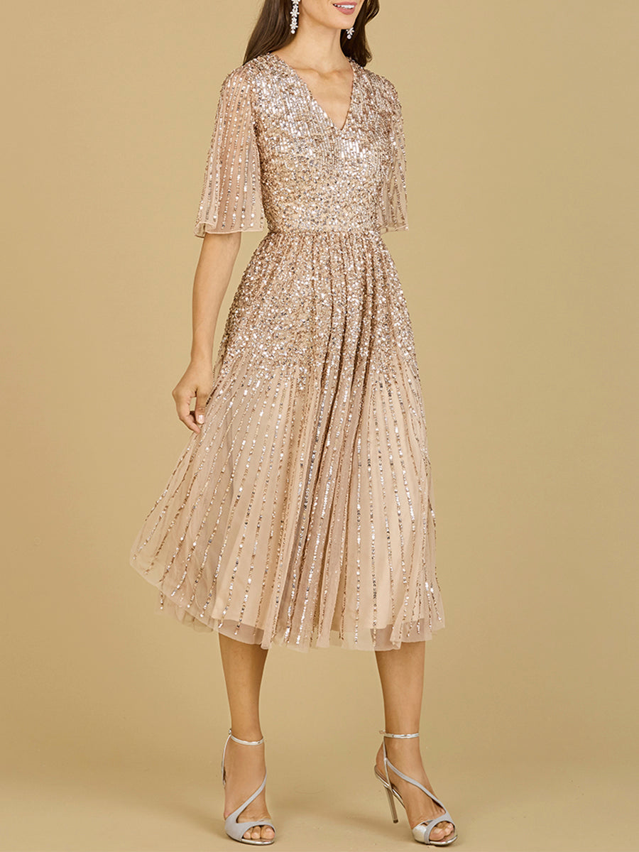 Lara Women's Flowing, Sequin Midi Dress with Short Sleeves - Champagne