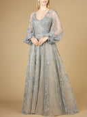 V Neckline Balloon Sleeve Gown
