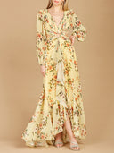 Long Sleeve V-Neck, Layered Skirt Print Dress- OUTLET