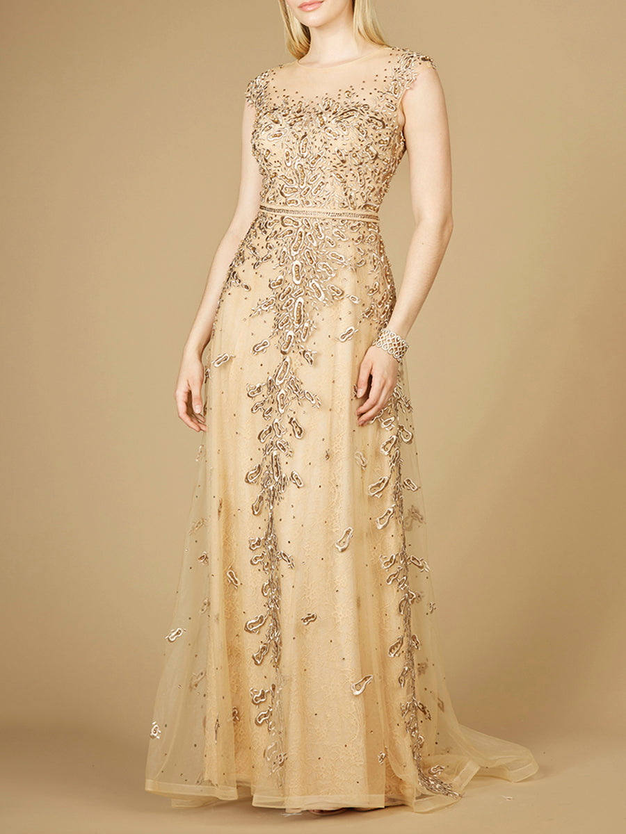 Lara 29250 - Inspired Lace Gown with Cap Sleeves