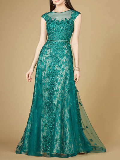 Lara 29250 - Inspired Lace Gown with Cap Sleeves