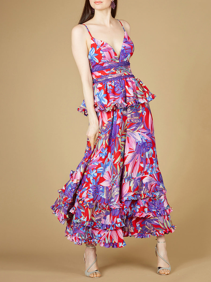 Lara 29268 - Ruffle Skirt Printed Gown - OUTLET