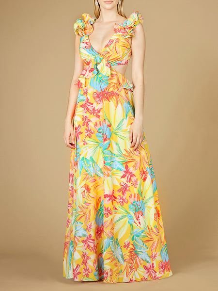 Lara Women's V-Neck Long Print Gown with Ruffled Straps