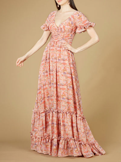 Lara 29273 - Long Print Gown with Cap Sleeves - OUTLET