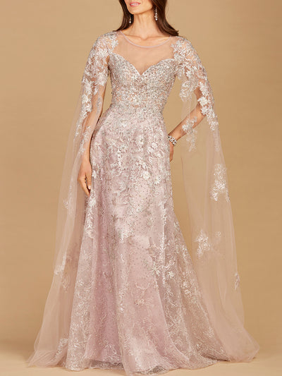 Lara 29300 - Lace Gown with Cape Sleeves, Sweetheart Neckline