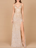 A beaded V-neck dress with spaghetti straps and a high slit on one side.