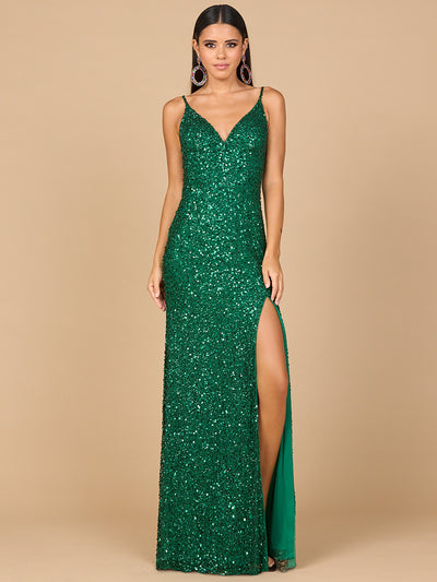 Lara 29310 - Beaded V Neck Dress with Slit