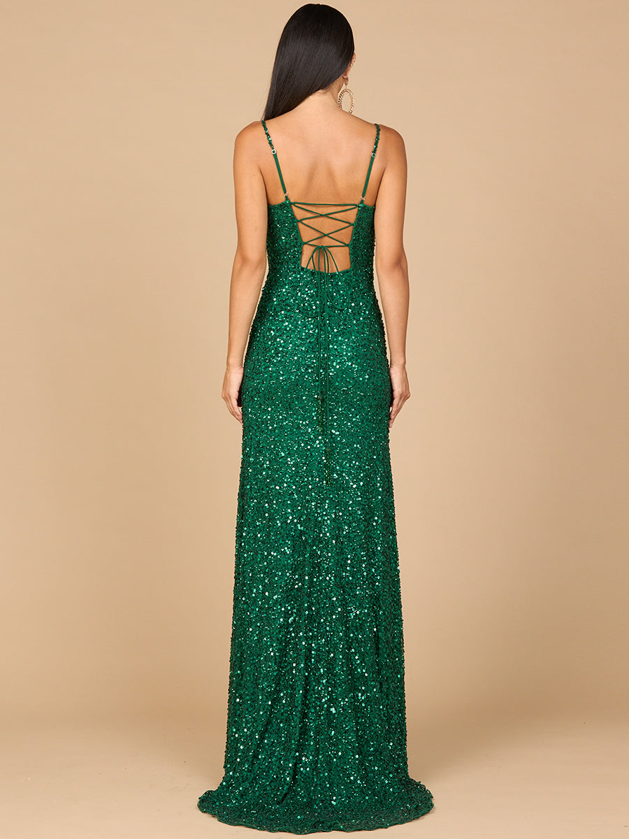 Lara 29310 - Beaded V Neck Dress with Slit