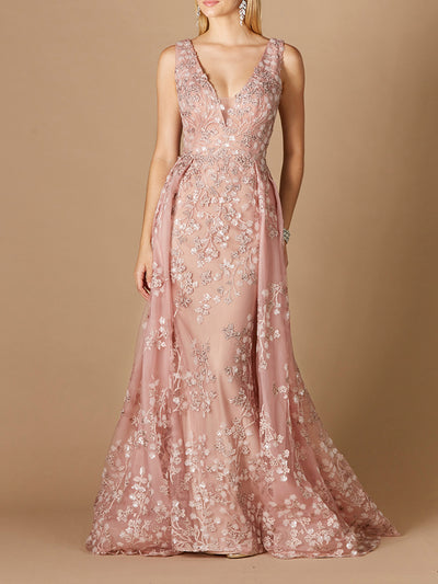 Lara 29324 - Floral Applique Overskirt Dress